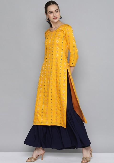 Yellow Woven Design Gota Patti Kurta With Sharara And With Dupatta