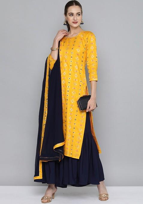 Yellow Woven Design Gota Patti Kurta With Sharara And With Dupatta
