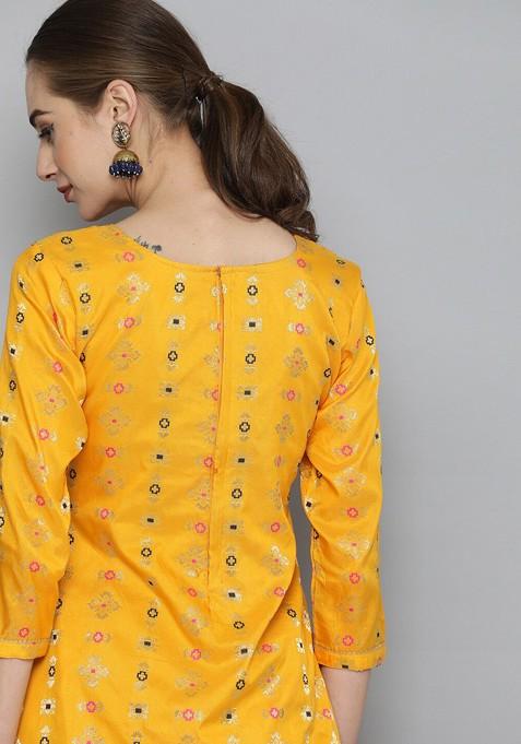 Yellow Woven Design Gota Patti Kurta With Sharara And With Dupatta