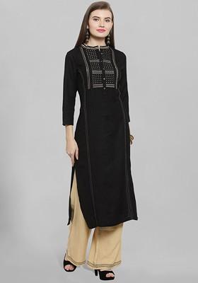 Black Band Collar Thread Work Kurta With Palazzos