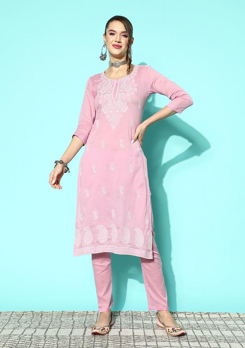 Pink Ethnic Motifs Embroidered Regular Chikankari Kurta With Trousers
