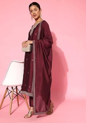 Maroon Floral Embroidered Regular Sequin Kurta With Trousers And With Dupatta