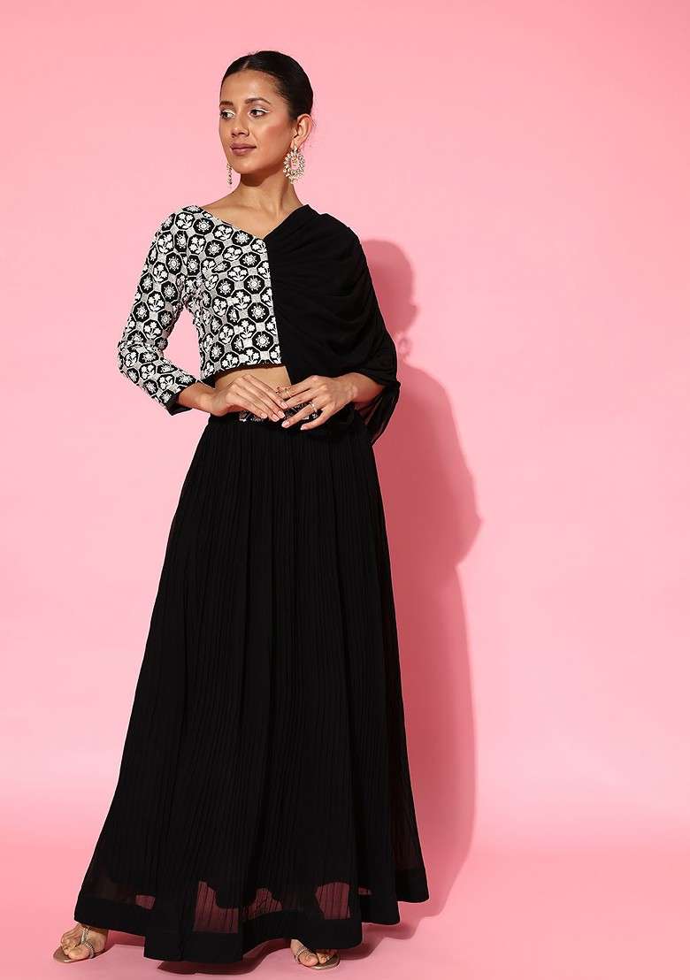 Black Floral Embroidered Regular Sequin Top With Skirt - Indya