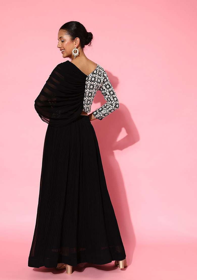 Black Floral Embroidered Regular Sequin Top With Skirt - Indya