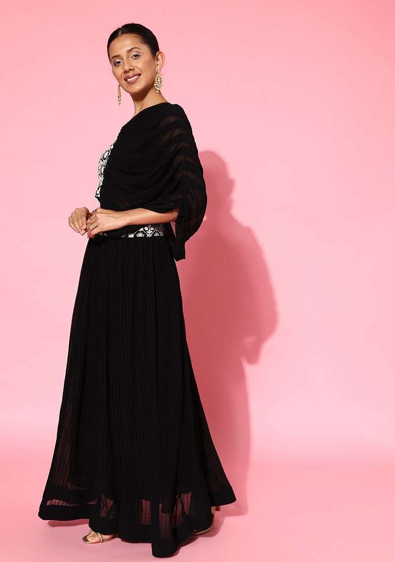 Black Floral Embroidered Regular Sequin Top With Skirt - Indya