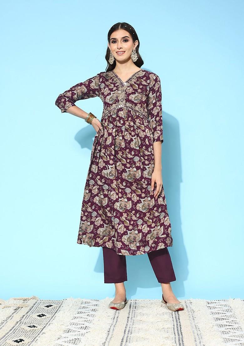 Purple Floral Print Regular Mirror Work Kurta With Trousers