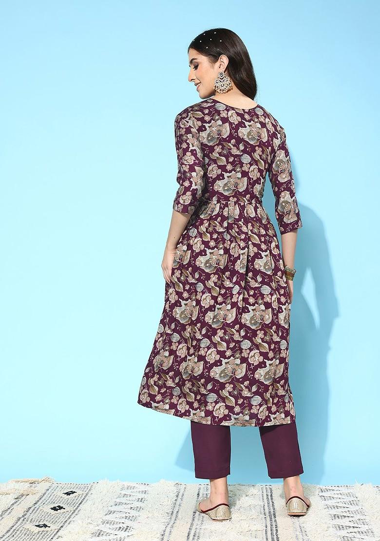 Purple Floral Print Regular Mirror Work Kurta With Trousers