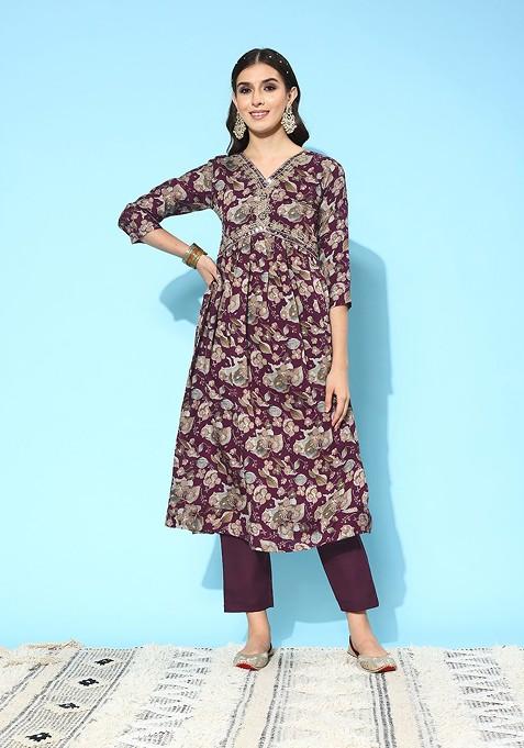 Purple Floral Print Regular Mirror Work Kurta With Trousers
