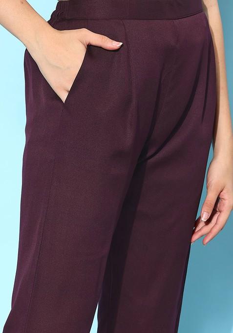 Purple Floral Print Regular Mirror Work Kurta With Trousers