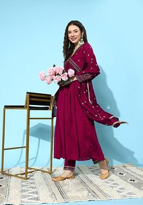 Maroon Ethnic Motifs Embroidered Empire Sequin Kurta With Trousers And Dupatta