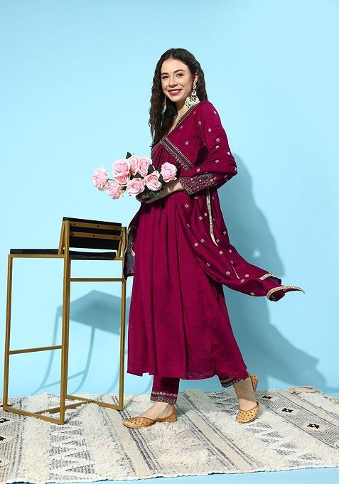 Maroon Ethnic Motifs Embroidered Empire Sequin Kurta With Trousers And Dupatta