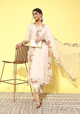 Cream Floral Embroidered Regular Sequin Kurta With Trousers And With Dupatta