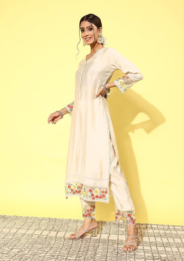 Cream Floral Embroidered Regular Sequin Kurta With Trousers And With Dupatta