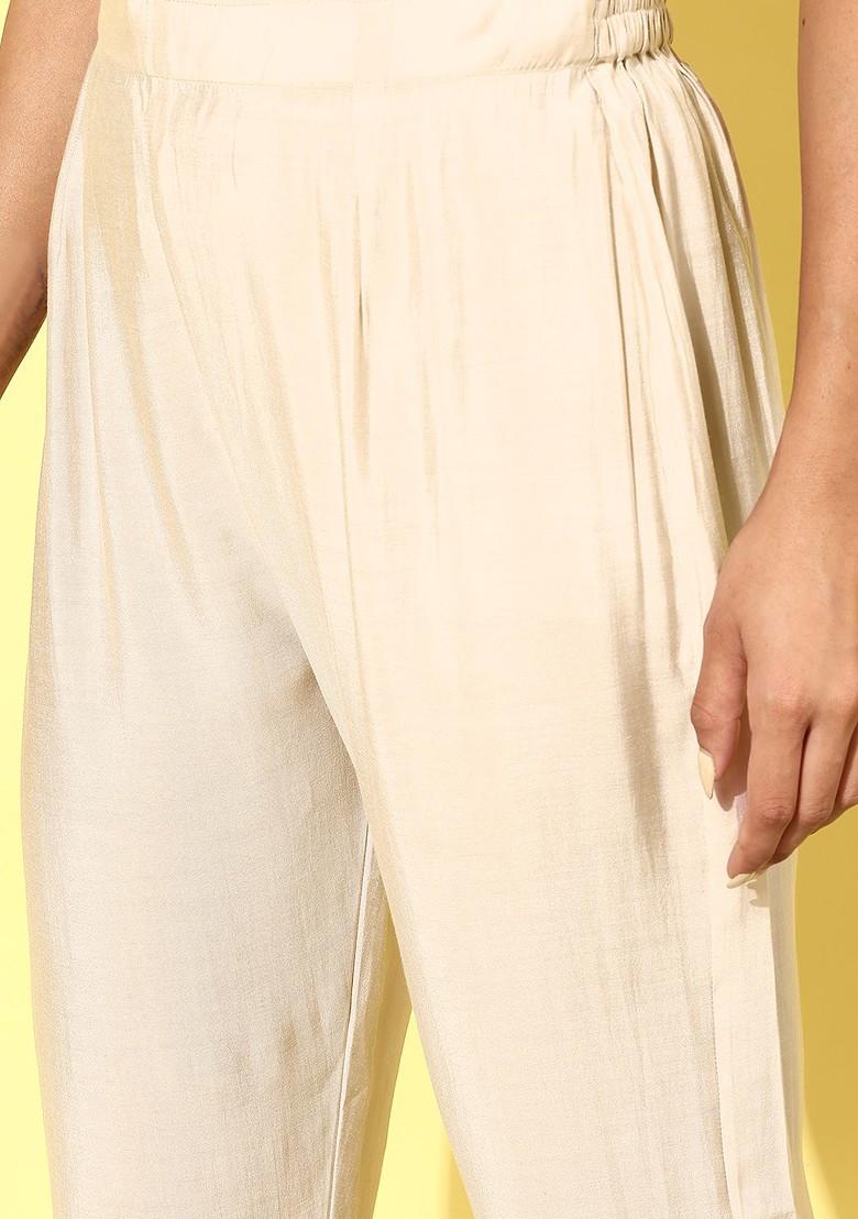 Cream Floral Embroidered Regular Sequin Kurta With Trousers And With Dupatta - Indya