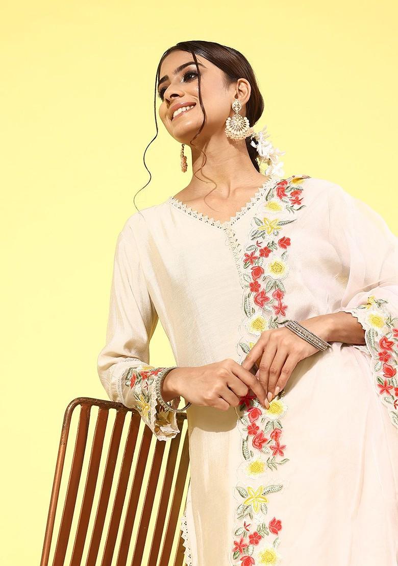 Cream Floral Embroidered Regular Sequin Kurta With Trousers And With Dupatta