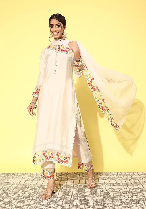 Cream Floral Embroidered Regular Sequin Kurta With Trousers And With Dupatta