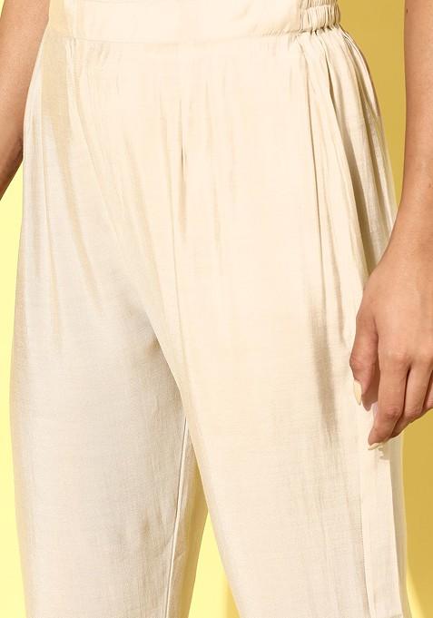 Cream Floral Embroidered Regular Sequin Kurta With Trousers And With Dupatta