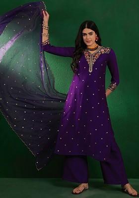 Purple Ethnic Sequin Embroidered Zari Kurta With Palazzo And Dupatta