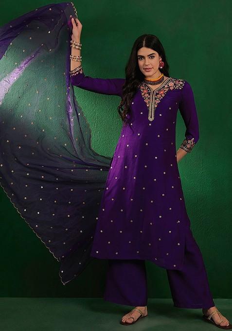 Peplum Style Kalidar Kurta Pallazo set with Sequin Zari Embroidery & Embellished Dupatta