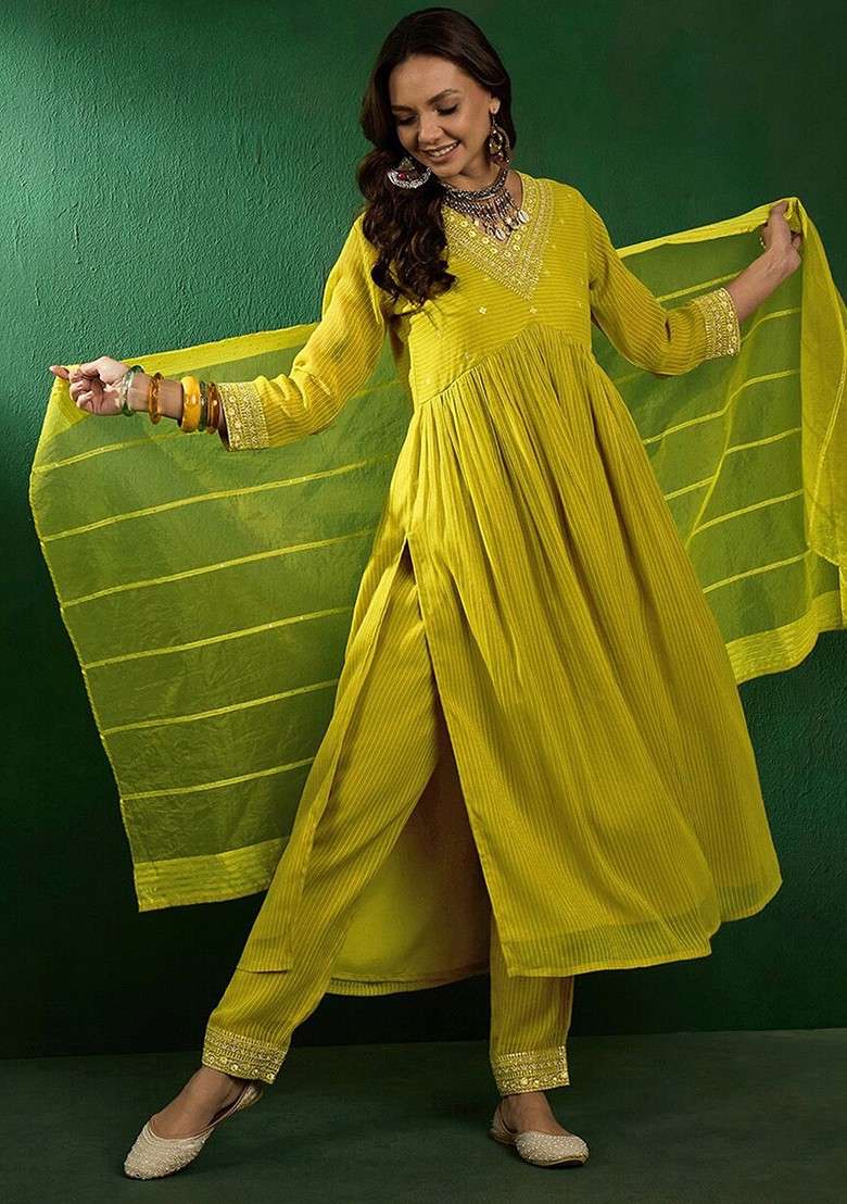Yellow Embroidered Blended A Line Kurta Set - Indya