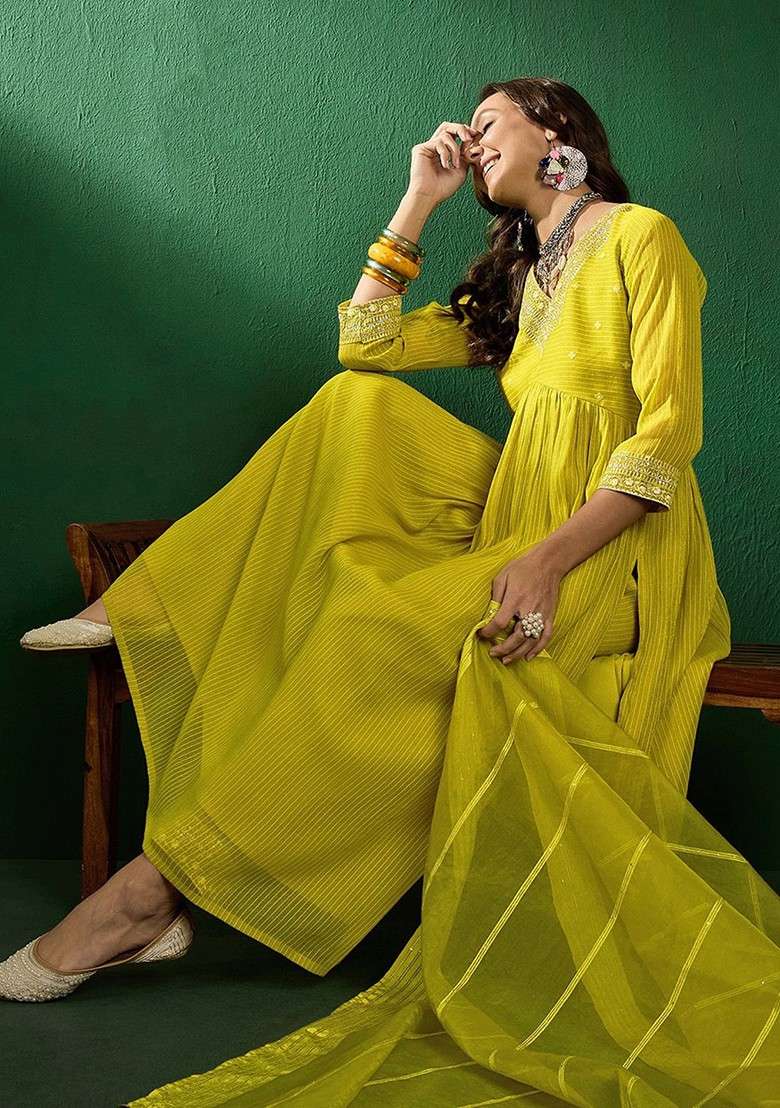 Yellow Embroidered Blended A Line Kurta Set - Indya