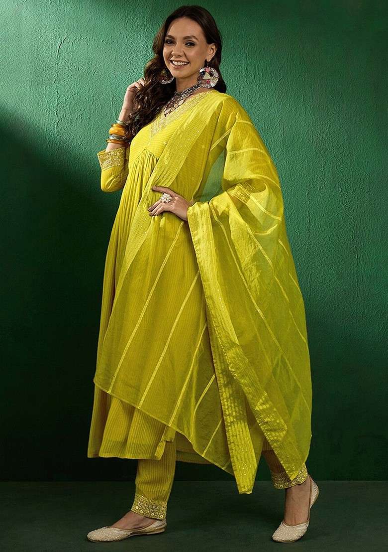 Yellow Embroidered Blended A Line Kurta Set - Indya
