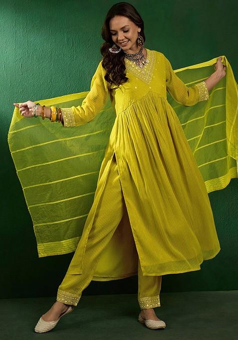 Yellow Embroidered A Line Kurta With Trouser And Dupatta