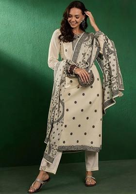 White Embroidered Pure Cotton Straight Kurta With Trousers And Dupatta