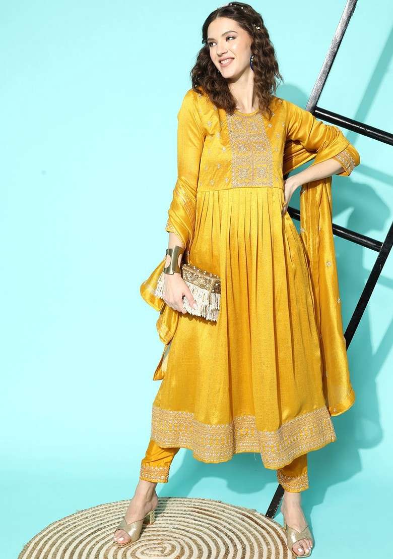 Yellow Embroidered Blended Anarkali Set - Indya