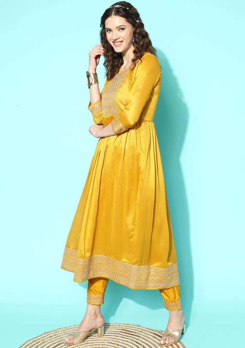 Yellow Embroidered Blended Anarkali Set - Indya