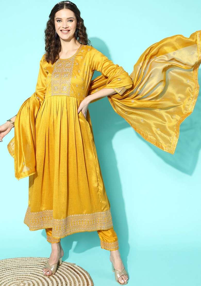 Yellow Embroidered Blended Anarkali Set - Indya