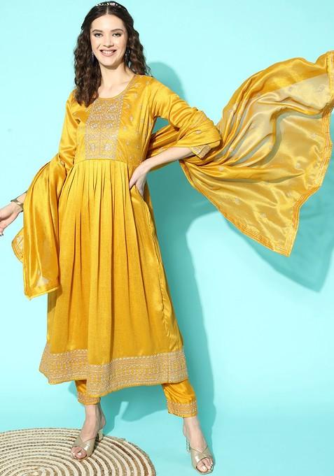 Yellow Floral Yoke Design Empire Sequin Anarkali Kurta With Trousers And Dupatta