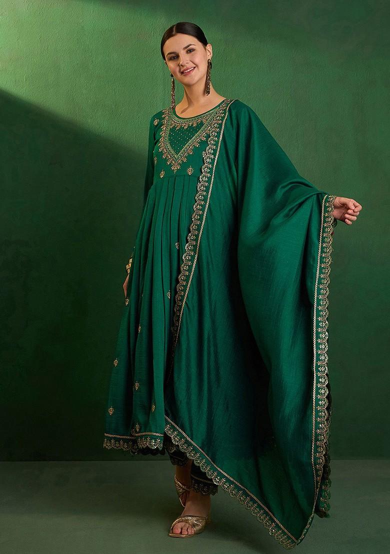 Green Zari And Sequin Embroidered Anarkali Kurta With Trousers And Dupatta