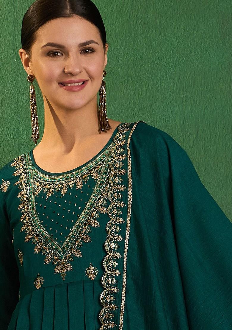 Green Zari And Sequin Embroidered Anarkali Kurta With Trousers And Dupatta