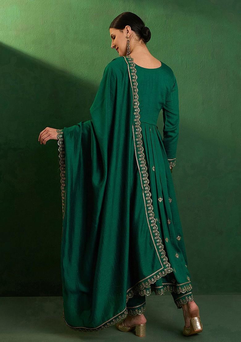 Green Zari And Sequin Embroidered Anarkali Kurta With Trousers And Dupatta