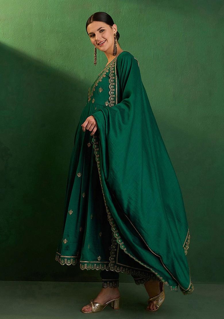 Green Zari And Sequin Embroidered Anarkali Kurta With Trousers And Dupatta