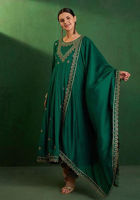 Green Zari And Sequin Embroidered Anarkali Kurta With Trousers And Dupatta