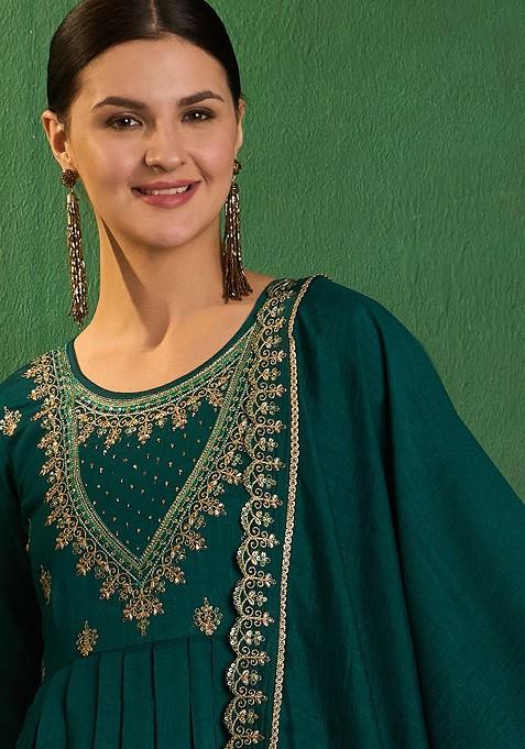 Green Zari And Sequin Embroidered Anarkali Kurta With Trousers And Dupatta