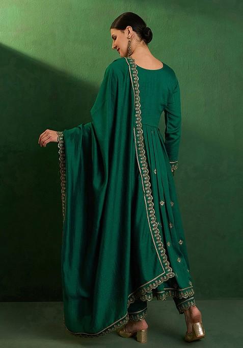 Green Zari And Sequin Embroidered Anarkali Kurta With Trousers And Dupatta