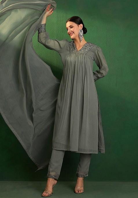 Grey Sequin Embroidered A Line Kurta With Trouser And Dupatta