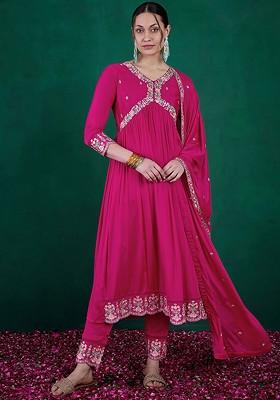 Pink Floral Embroidered Pleated Sequin Kurta With Trousers And Dupatta
