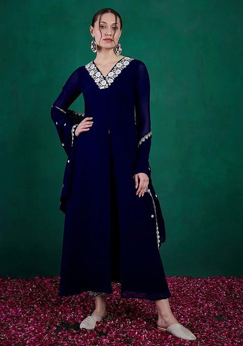 Blue Floral Sequin Embroidered A Line Kurta With Trouser And Dupatta Set