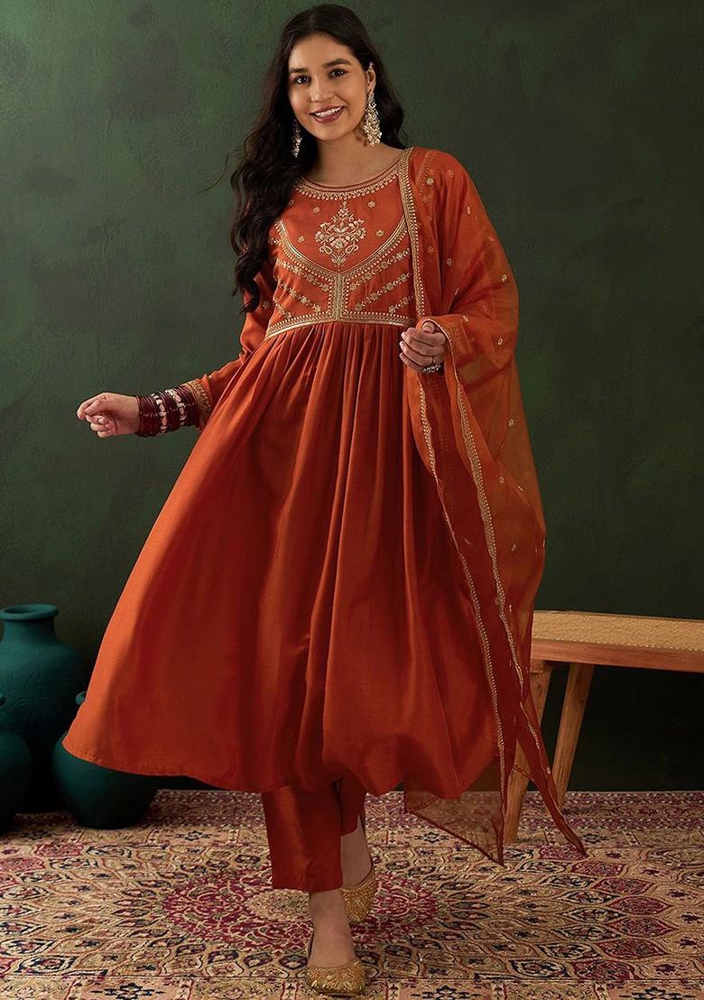 Orange Ethnic Motifs Sequin Embroidered A Line Kurta With Trouser And Dupatta