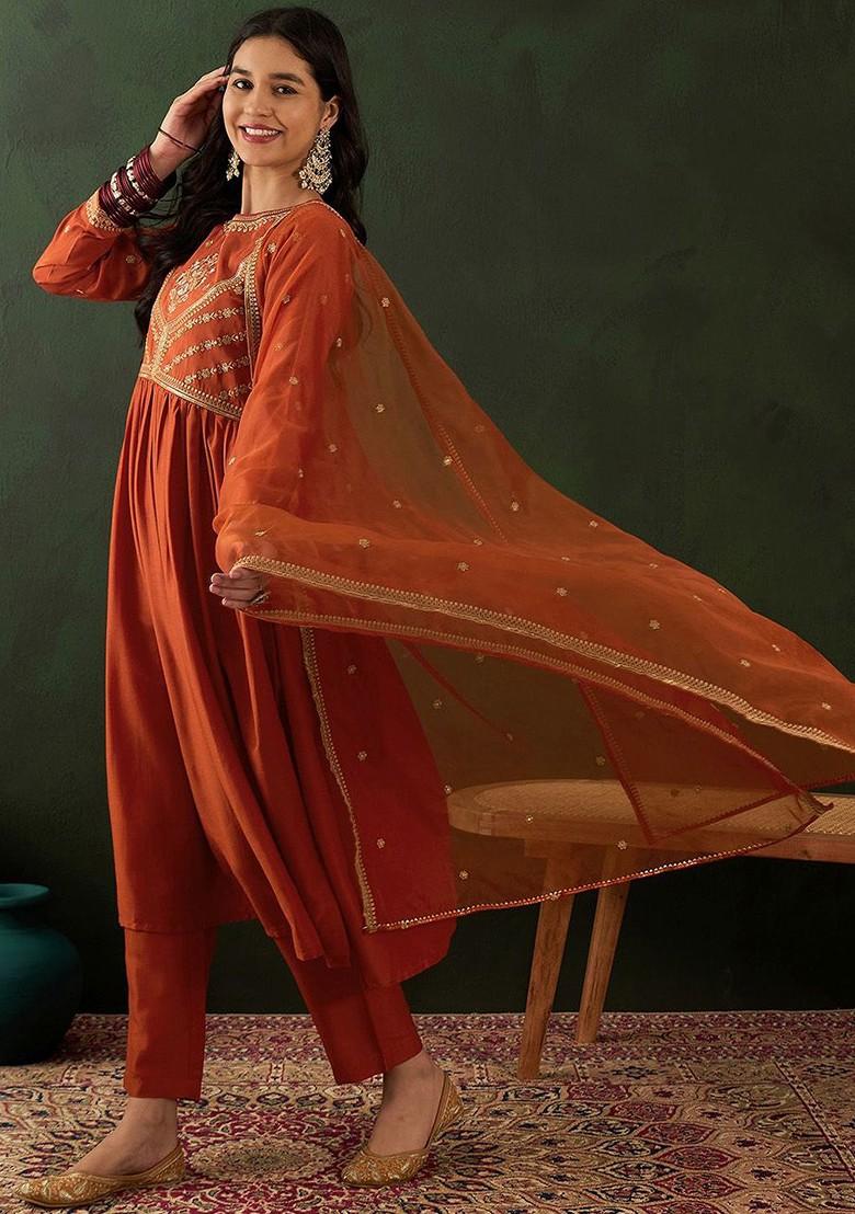 Orange Ethnic Motifs Sequin Embroidered A Line Kurta With Trouser And Dupatta