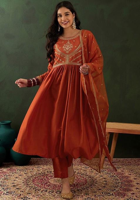 Orange Ethnic Motifs Sequin Embroidered A Line Kurta With Trouser And Dupatta