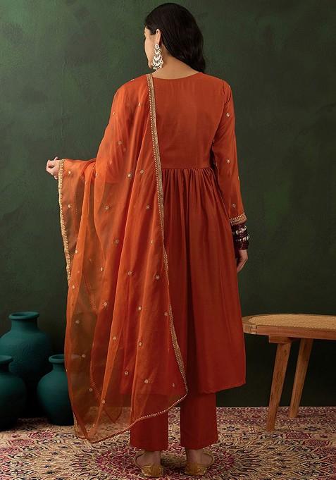 Orange Ethnic Motifs Sequin Embroidered A Line Kurta With Trouser And Dupatta
