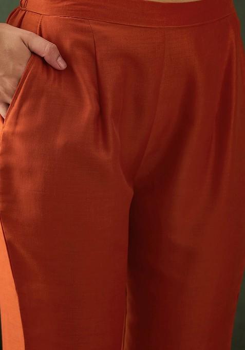 Orange Ethnic Motifs Sequin Embroidered A Line Kurta With Trouser And Dupatta