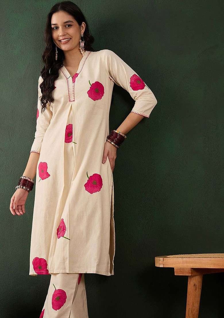 White Embroidered Cotton Straight Kurta Set - Indya