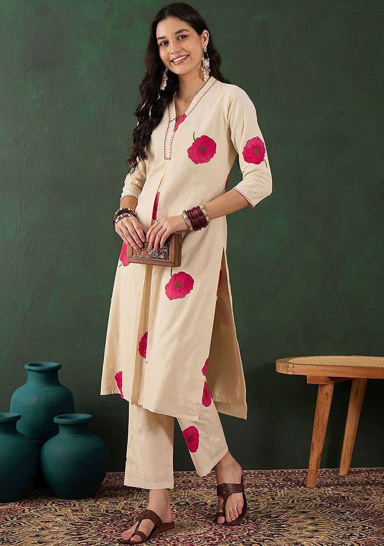 White Embroidered Cotton Straight Kurta Set - Indya