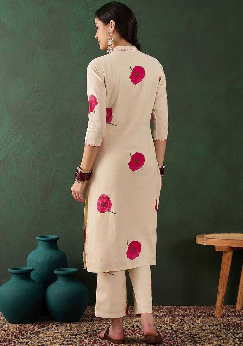 White Embroidered Cotton Straight Kurta Set - Indya